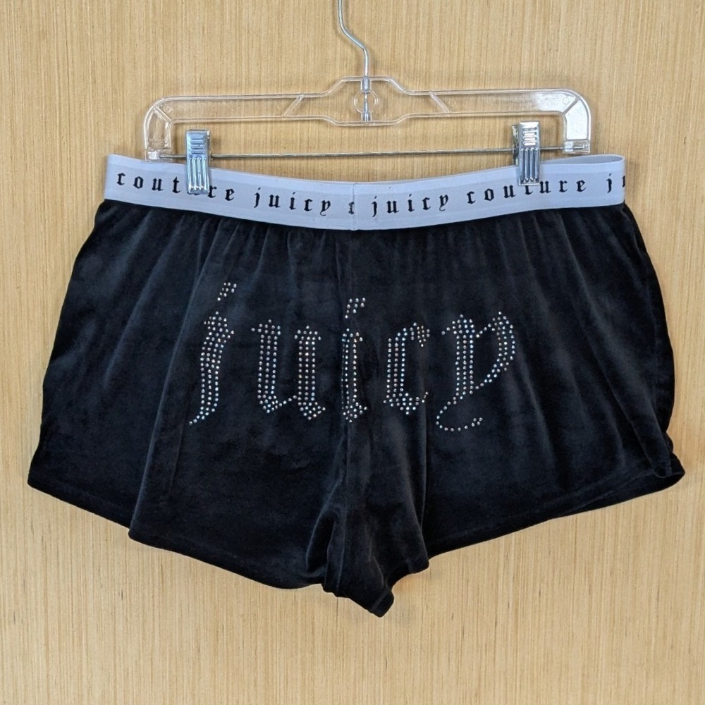 Juicy Couture Womens Black Velour Sleep Shorts Rhinestone Logo Y2K Loungewear XL